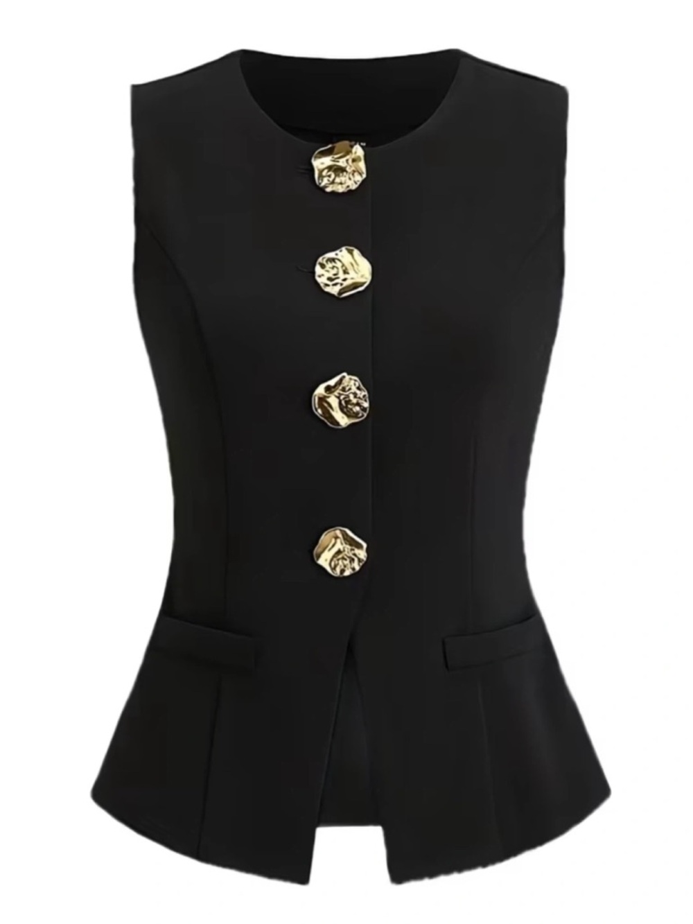 Black Sleeveless Peplum Vest with Gold Buttons